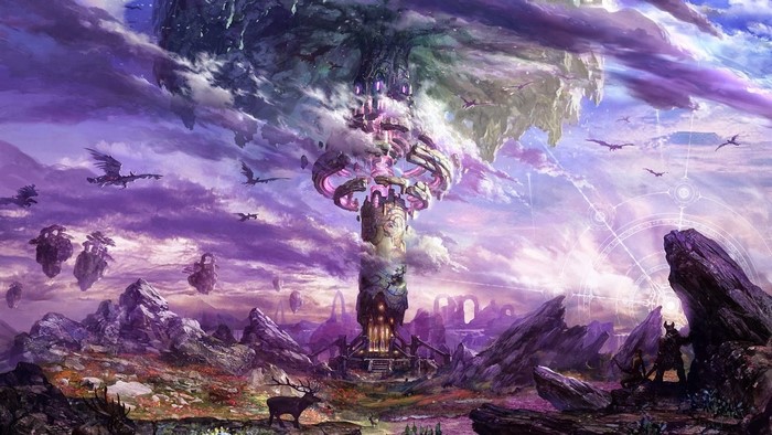 Fantasy landscape with floating islands and a tower from Tera Online