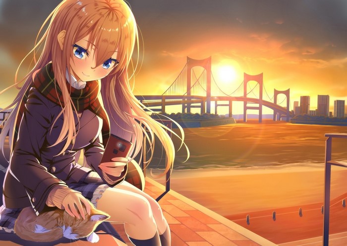 Anime girl with cat at sunset by the bridge