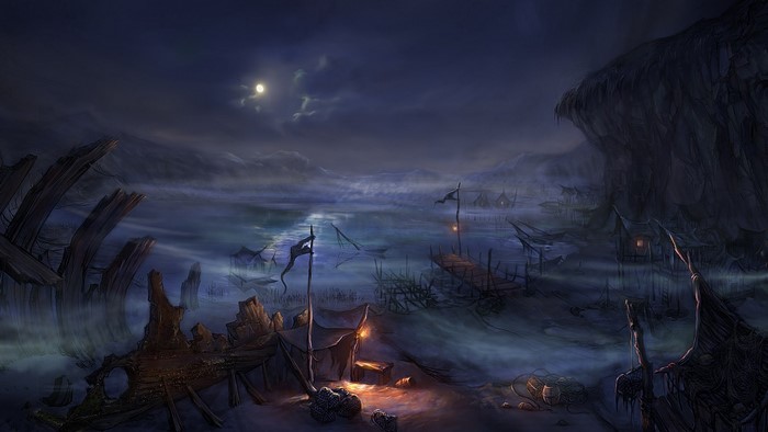 Fantasy art illustration of a dark, misty harbor at night