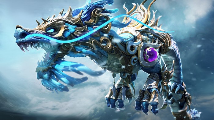 Fantasy art of a blue dragon with golden armor