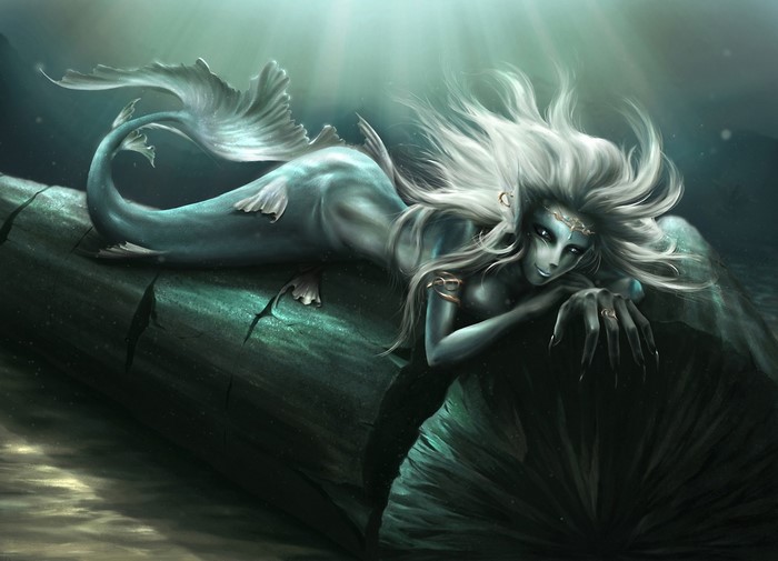 Fantasy art of a mermaid on a log