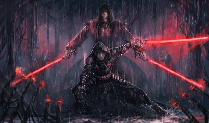 Two Sith Lords with red lightsabers in the rain