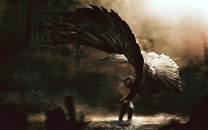 Dark Angel with Black Wings in Ruined City