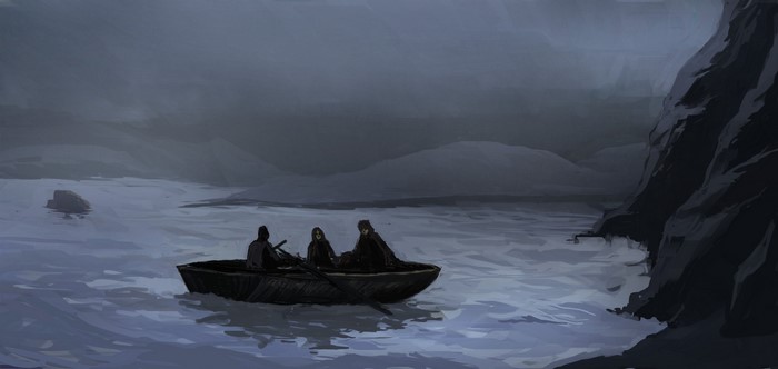 Three figures in a rowboat on a dark lake