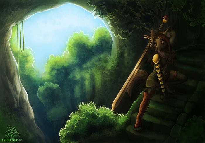 Anthro wolf warrior with sword in a forest cave