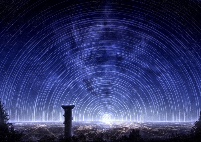 Fantasy art of star trails over a city at night
