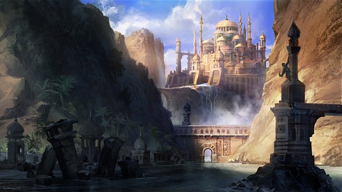 Fantasy castle ruins by a river with mountains