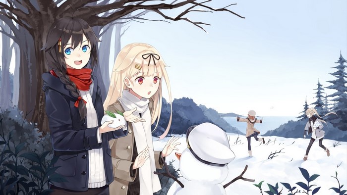 Anime girls building a snowman in a snowy forest
