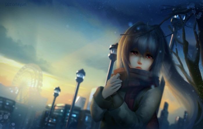 Anime girl with red eyes and scarf in winter city