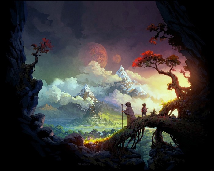 Fantasy Landscape with Two Figures and Twin Moons