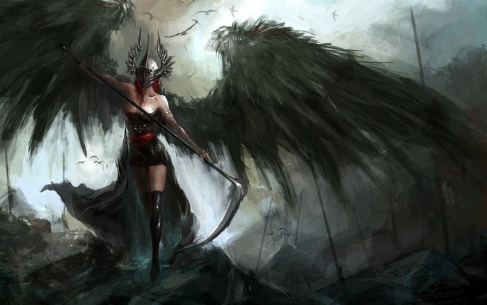Fantasy angel with wings and sickle
