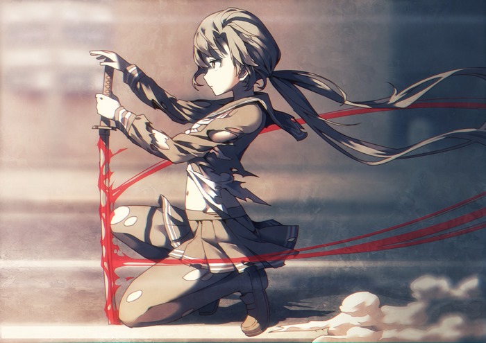 Takayama Sayoko from The Idolmaster Million Live with a bloody katana