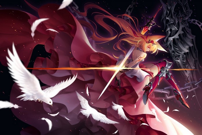 Anime girl with fox ears and sword, white birds