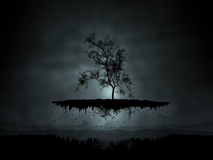 Fantasy art of a lone tree on a floating island