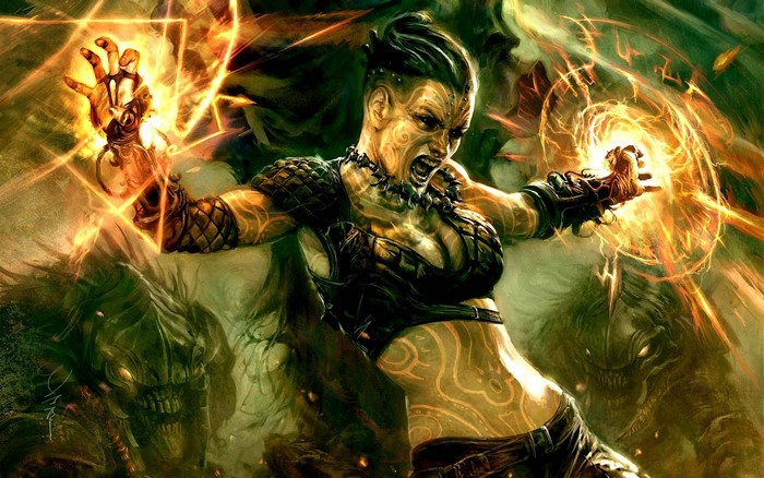 Woman casting magic with creatures behind her