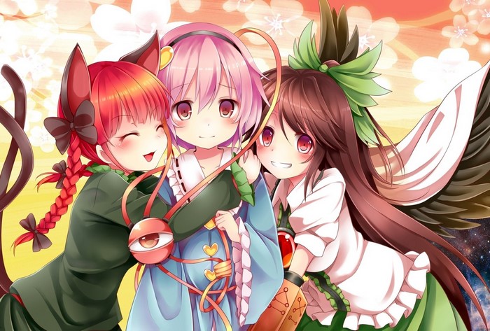 Touhou anime girls with cat ears and wings