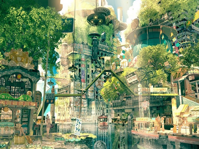 Fantasy Japanese City with Lush Greenery and Waterways