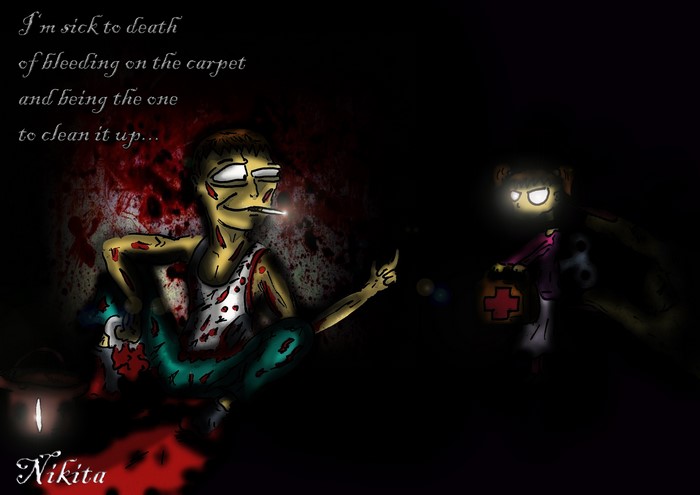 Dark Scene with Injured Man and Medic