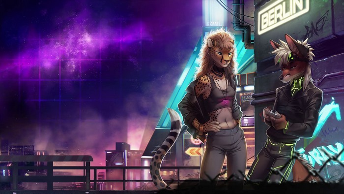 Furry couple in a neon-lit Berlin cityscape