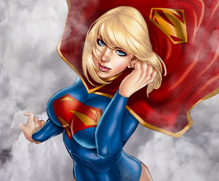 Supergirl in a red cape and blue costume