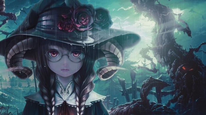 Anime girl with horns and witch hat in rain