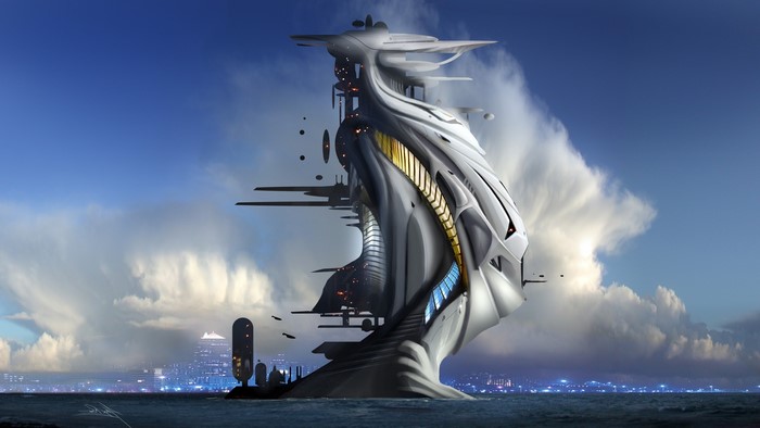 Futuristic architecture on the water with city lights