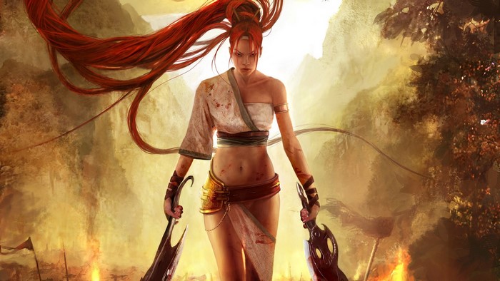 Warrior woman with red hair and swords