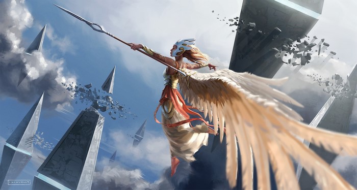 Angel warrior with spear flying through ruins