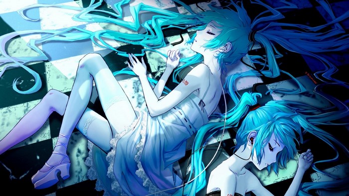 Hatsune Miku from Vocaloid lying on a checkered floor