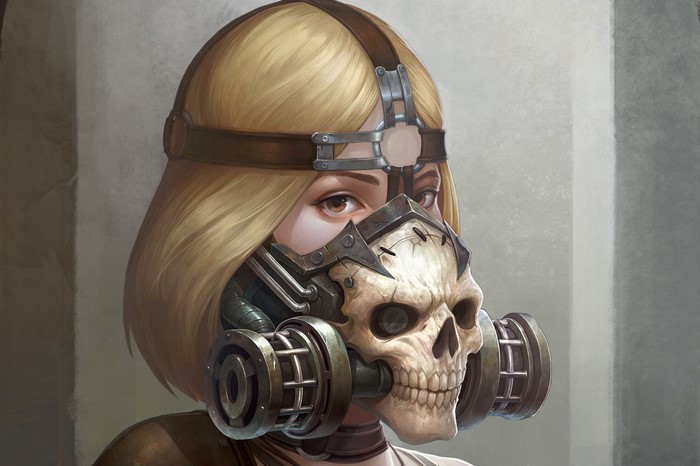 Woman wearing a skull gas mask