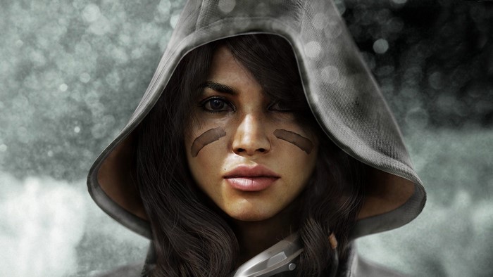 Woman with war paint wearing a hood