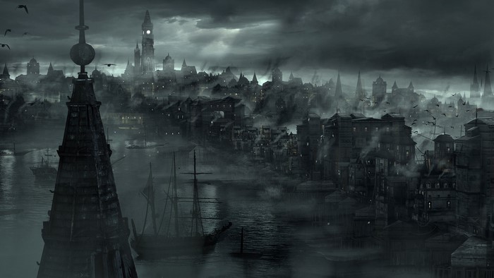 Dark, foggy cityscape with a river and boats