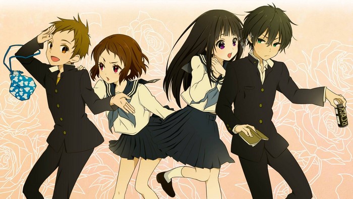 Hyouka anime characters in school uniforms