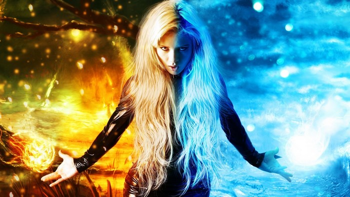 Woman with fire and ice magic