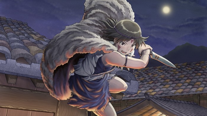 San from Princess Mononoke on a rooftop at night