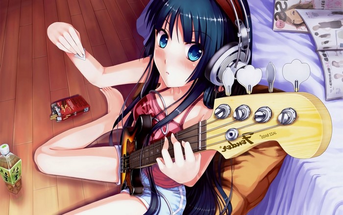 Anime girl with bass guitar and headphones