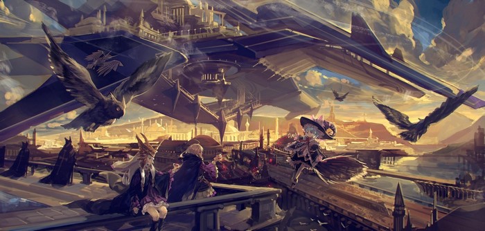 Anime girls and owls in a fantasy city