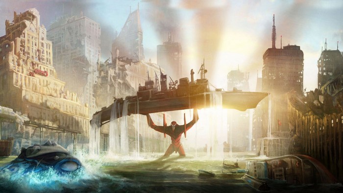 Eva Unit 02 lifting a ship in a flooded city