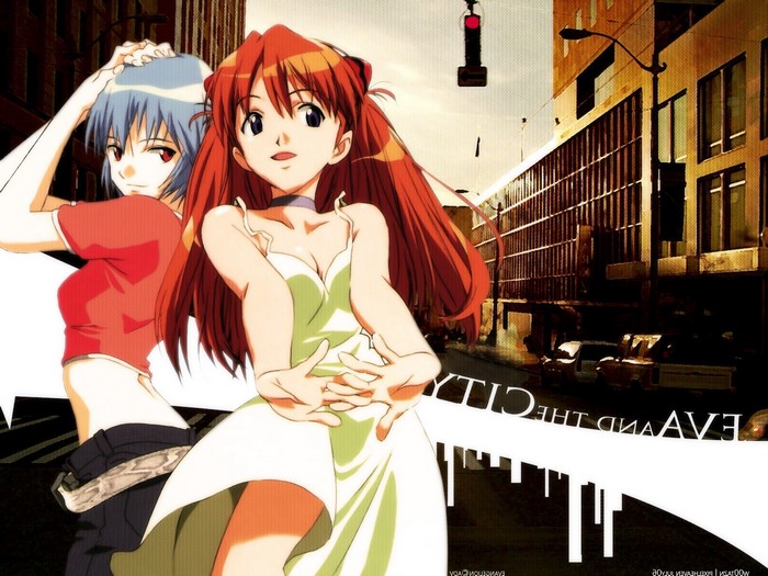 Asuka and Rei from Neon Genesis Evangelion in a city