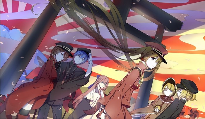 Vocaloid characters in military-style uniforms