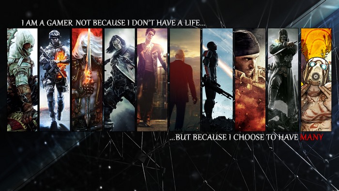 Collage of video game characters with text about gaming