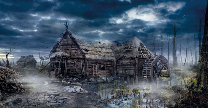 The Witcher 3: Wild Hunt artwork of a dilapidated village