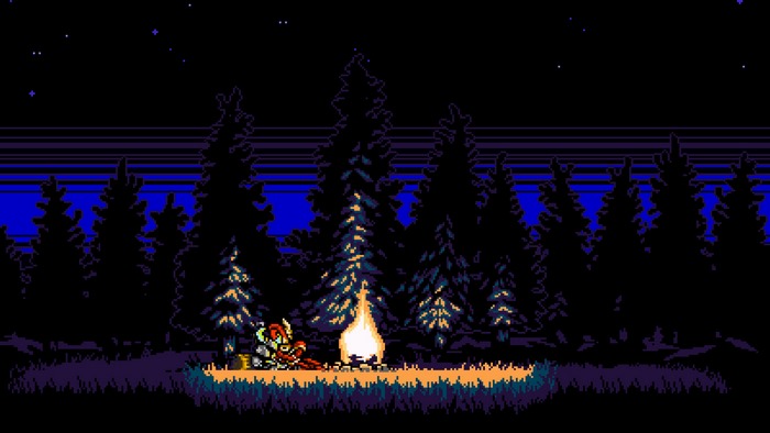 Shovel Knight sitting by a campfire at night