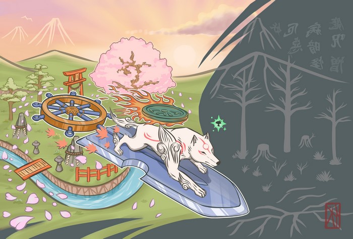 Amaterasu from Okami on a surfboard
