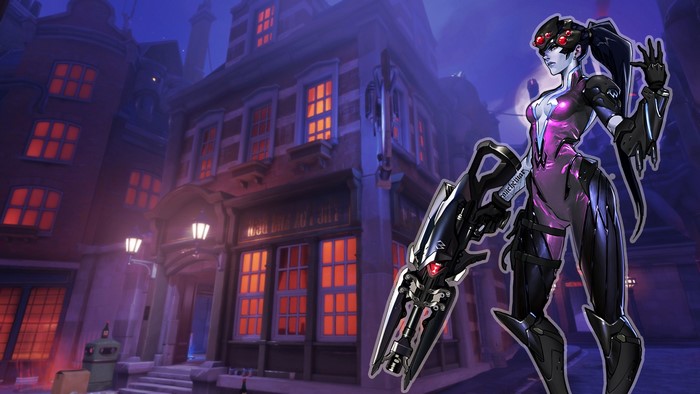 Widowmaker from Overwatch in a city at night
