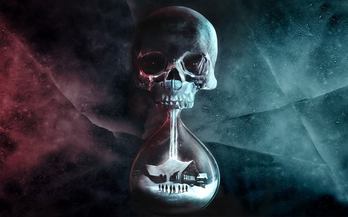 Skull hourglass with people and house in snow