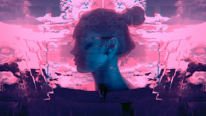 Woman with hair bun in glitch art style