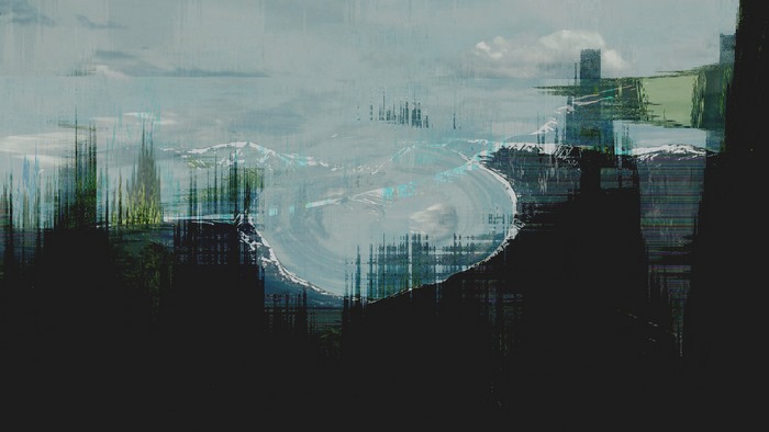 Glitch art landscape with mountains and dark forest