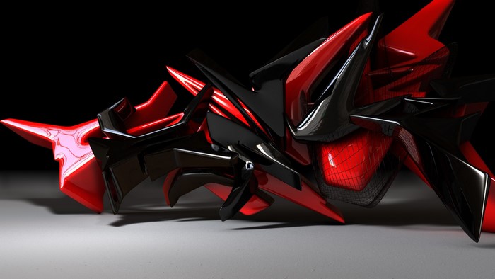Abstract 3D digital art with red and black shapes
