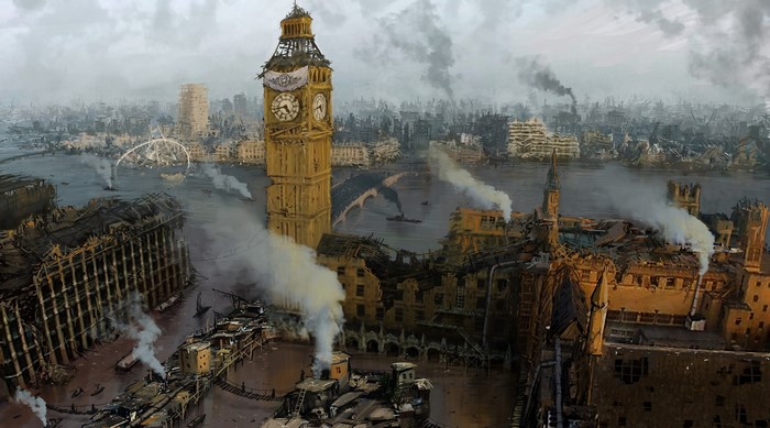 Apocalyptic London cityscape with Big Ben and damaged buildings